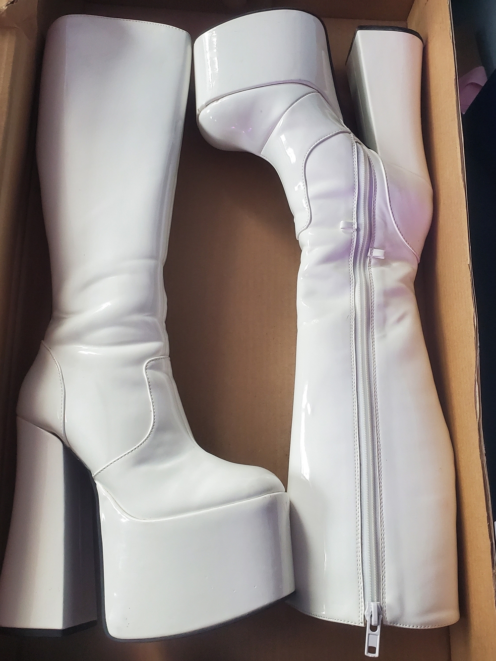 CLUB EXX BOOTS Patent White Over-the-Knee Platform Boots with Block Heel